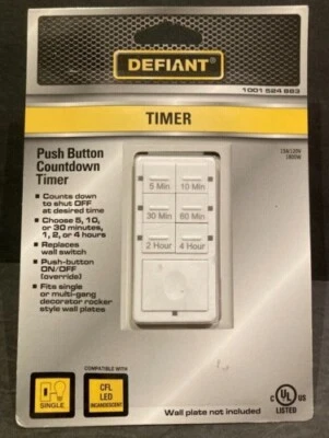 Interruptor temporizador de cuenta regresiva de botón pulsador de pared de 4 horas Defiant 15 amperios - NIOB Foto 1 de 2