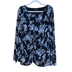 Lane Bryant Top 26 28 Multicolor Floral Print Mesh Overlay Ruched Blouse - Picture 1 of 8