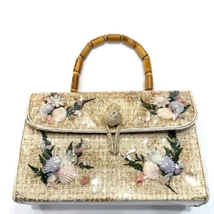 Vtg Cutest 1950 Tourist Purse. Beige Woven Seashell Handbag Bamboo Beaded Handle - Picture 1 of 9