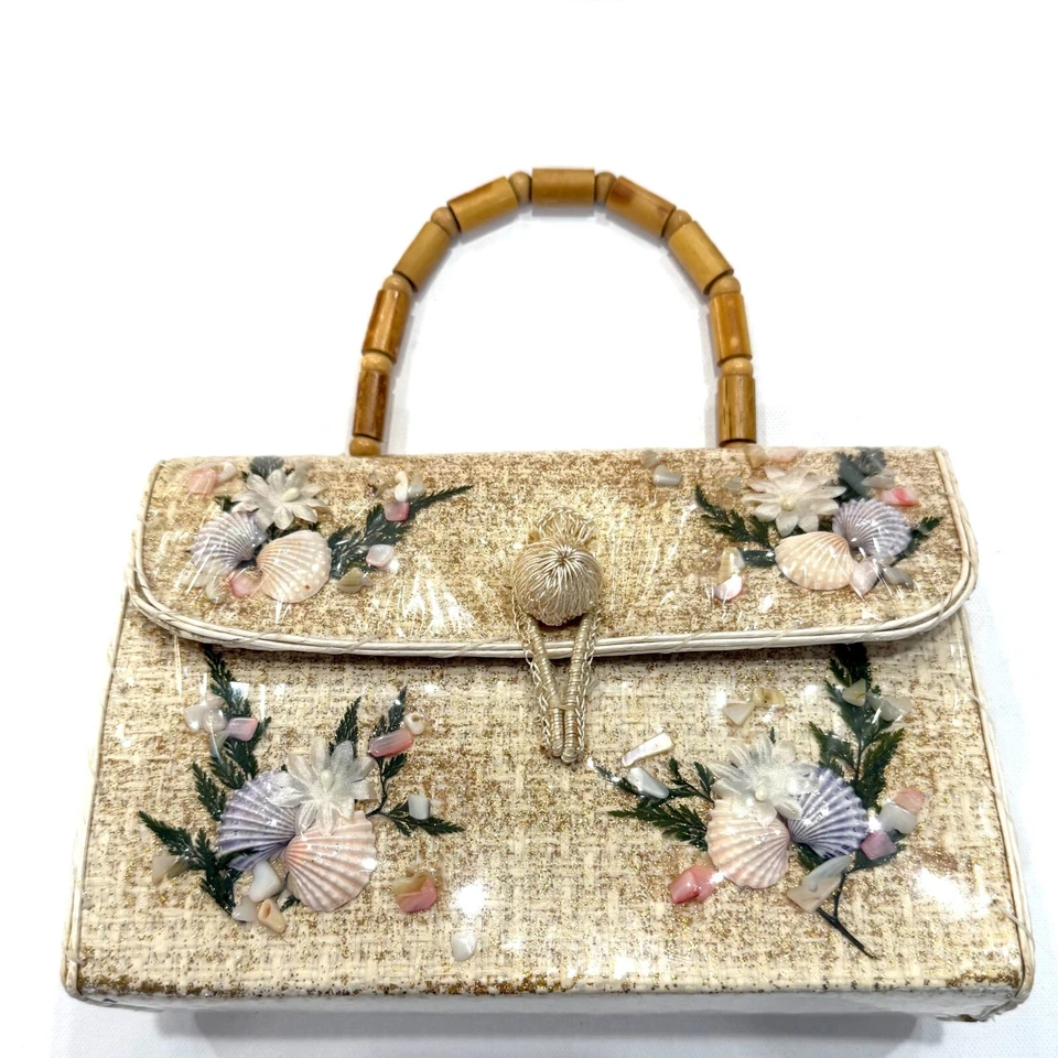 Vtg Cottagecore Purse Tweed  Woven Seashell Boho Handbag Bamboo Beaded Boucle - Image 1 of 4