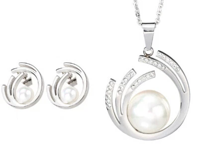 Conjunto de joyas de taladro de cristales de acero inoxidable con colgante de perlas blancas Foto 1 de 4