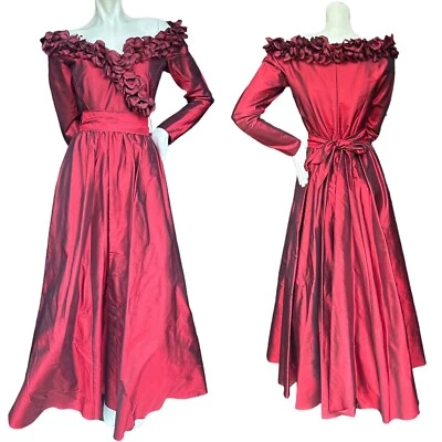 Catherine Regehr Red Silk Taffeta Off Shoulder Long Sleeve Mother Of Bride Gown - Image 1 of 4