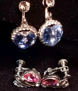 2 Vintage HIGH Quality Blue Rivoli Heart Pink Faceted Earrings 80s Runway Fancy  - Picture 1 of 23