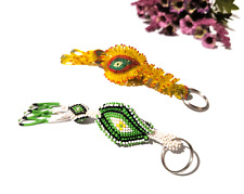 Vintage Glass Beaded Key Chain, Yellow & Green Handmade Prison art Key Chain