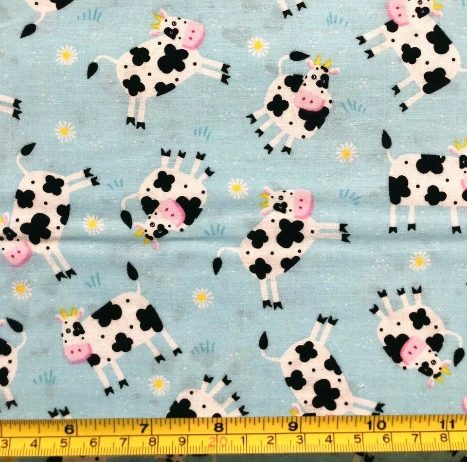 Tina Scrap Black & White Cows Daisy Flower Cotton Fabric 9"x21" Baby Blue - Image 1 of 1