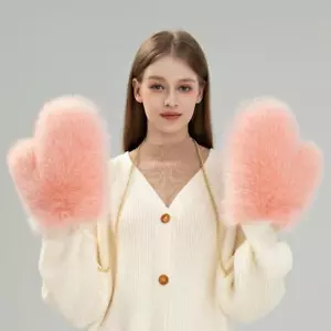 Women's Luxury Large Fox Fur Gloves Real Leather Warm Thicken Ski Mittens Winter - Picture 1 of 34