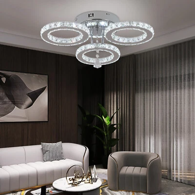 GREELUSTR LED Ceiling Light Crystal 3-Rings Chandelier Living Room Bedroom Lamp Cool White
