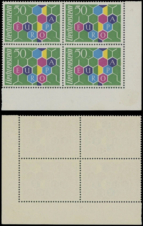 1960, LIECHTENSTEIN, EDICIÓN EUROPA, HONEYCOMS, BLOQUE DE ESQUINA DE 4, NH, SCOTT #356 Foto 1 de 1