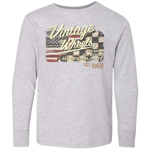 Inktastic Vintage Wheels Over Top American Racing Flag Youth Long Sleeve T-Shirt - Picture 1 of 5