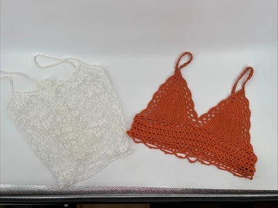 2-Orange Crochet Bralette Top And Ivory Lace Tank Top Women’s Medium Festival - Image 1 of 4