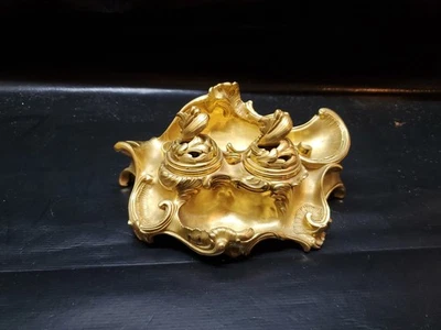 Encrier ancien en bronze doré style rococo XIXe siècle 1K400 Marquage J-R - Photo 1/4