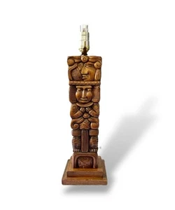 Mayan Tiki Totem Pole 18” Table Lamp Vintage MCM Hand Carved Wood Honduras Works - Picture 1 of 12
