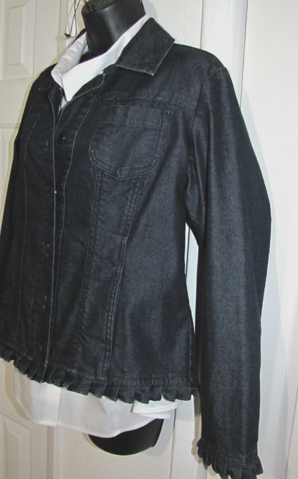Chaqueta de mezclilla Chico's Platinum talla 1 azul oscuro 7 botones con volantes dobladillo puños Wm. M Foto 1 de 4