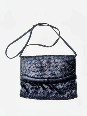 Vintage Neiman Marcus Leather Black Woven Shoulder Bag Clutch Purse  - Image 1 of 4