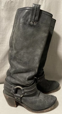 Винтажный Frye ботинки женщин 7 черный блок каблук тянуть на колене кольцо акцент искусственно состаренный - Изображение 1 из 4