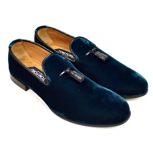NWT $1490 TOM FORD Petrol Green Velvet Nicolas Tassel Loafers 8.5 Mens AUTHENTIC - Picture 1 of 12