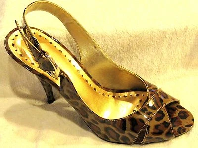 BCBG Brown Leopard/Cheetah Patent Leather Slingbacks w/Criss Cross Vamp, 8.5M - Image 1 of 4