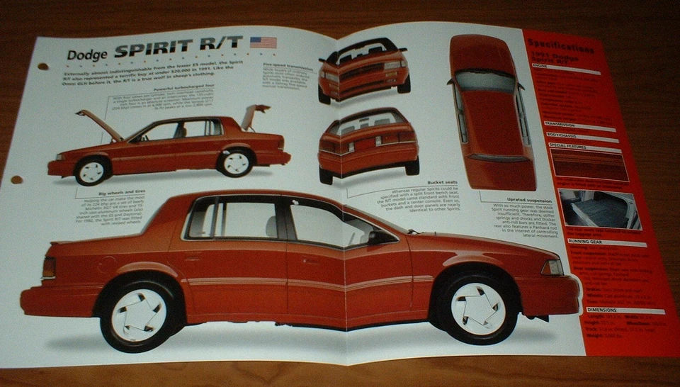 Dodge Spirit R/T 1992 folleto Imp original 91 92 RT especificaciones información póster turbo Foto 1 de 1