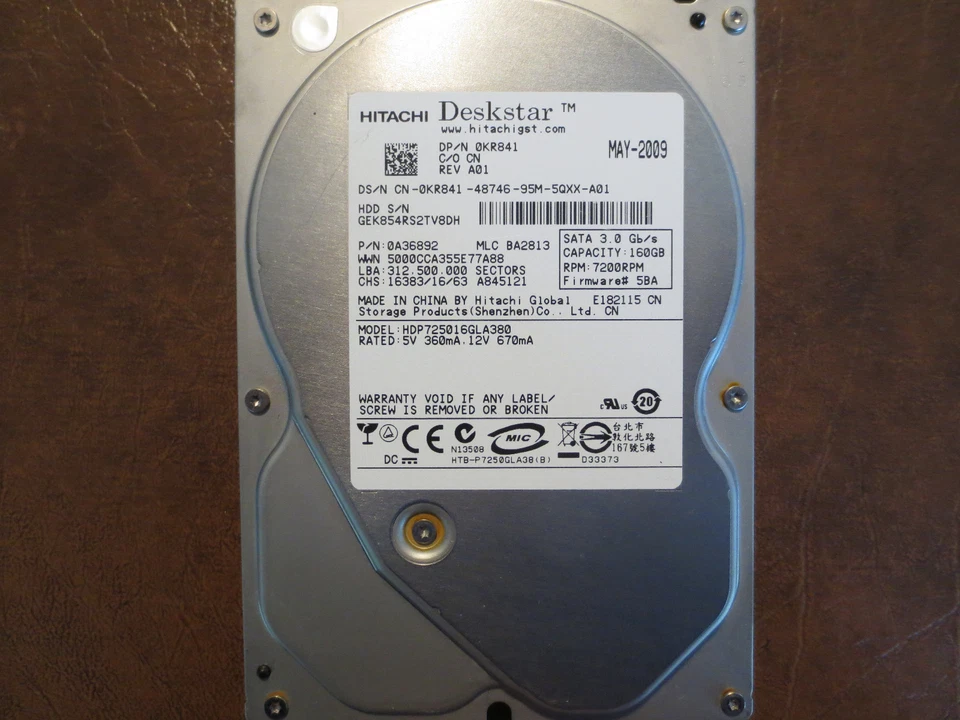 Hitachi HDP725016GLA380 PN:0A36892 MLC:BA2813 FW:5BA 160gb 3.5" Sata Hard Drive  - Image 1 of 1