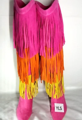 及膝靴 Nine West 流苏粉色多尖头细跟条纹装饰  — 第 1/4 张图片