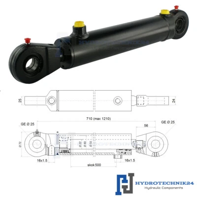 HYDROTECHNIK24 Hydraulikzylinder Doppelwirkend DW Zylinder 40/22 500 Hub mit Gelenkaugen 25mm