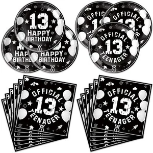 40 Pcs 13th Birthday Dinnerware Set Black and Silver Plates and Napkins - Picture 1 of 7