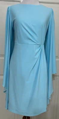 NWT Belle Badgley Mischka Sz 2 Sky Blue long bell sleeve Faux Wrap dress $219 - Image 1 of 4