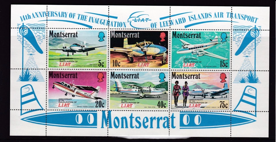 HOJA DE ESTAMPILLAS MONTSERRAT 1971 14 ANIVERSARIO DEL TRANSPORTE AÉREO ISLAS SOTAVENTO Foto 1 de 1