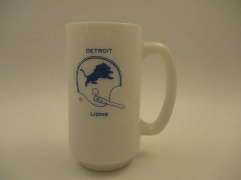 Vintage Detroit Lions Michigan Football Milk Glass Tall Mug White Blue Logo Cover