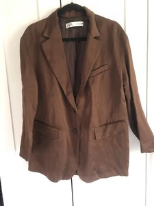 Zara Brown Silky Satin Effect Blazer Jacket Oversized Size Medium M 10 12 14 - Picture 1 of 8