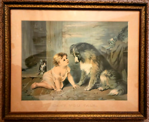Antique Framed Lithograph Girl and Dog "Can't You Talk" George A. Holmes 22"x18"