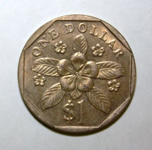 S6 - Singapore 1 Dollar 1990 Almost Uncirculated Coin - Periwinkle Flower - Picture 1 of 2