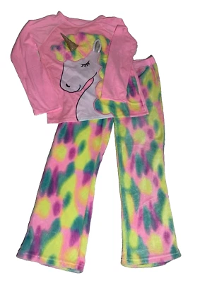 Justice Unicorn Pajama Set Girls Sz 12 Fleece Bottom Sleepwear Pink Rainbow - Image 1 of 4