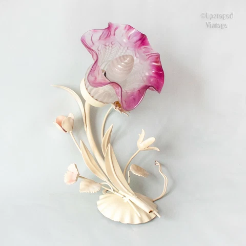 FRENCH Vintage Painted Toleware Flower Wall Light with Pink Fluted Tulip Shade Cover