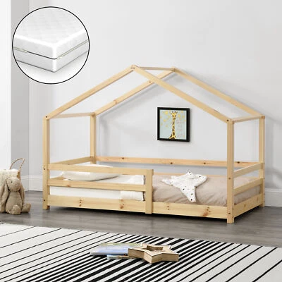 Kinderbett mit Rausfallschutz + Matratze 80x160cm Haus Holz Natur Hausbett Bett - Bild 1 von 4