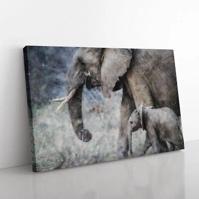 Mother And Baby Elephant Vol.1 Canvas Wall Art Print Framed Picture Home Decor - Image 1 of 4