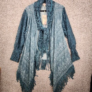 Pretty Angel Top Large XL Green Open Cardigan Scarf Lace Crochet Duster Kimono - Picture 1 of 14