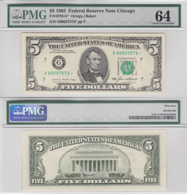 1985 $5 Federal Reserve Star Note Chicago District FR 1978-G* PMG Choice 64 - Image 1 of 4