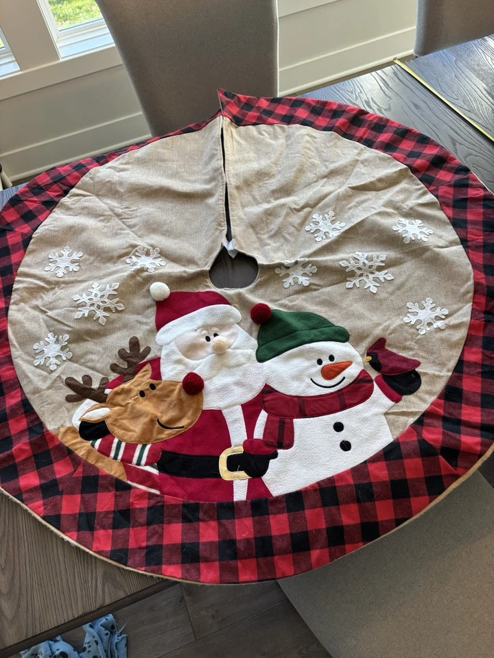 Christmas Tree Skirt Burlap Lined Santa Snowman Reindeer 46” Embroidered - Image 1 of 4