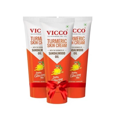 3 x Vicco 姜黄阿育吠陀护肤霜含檀香木油适合发光肌肤 50 克 — 第 1/4 张图片