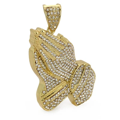 Colgante Manos Oración Helada Tono Oro 14K Circonita cúbica + Cadena Cubana 24" Joyería Hip Hop Foto 1 de 4