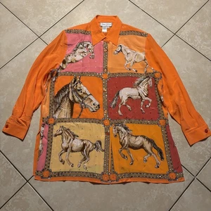 Diane Gilman Shirt Womens Large Silk Horse Print Rhinestone Western Blouse Top - Picture 1 of 18