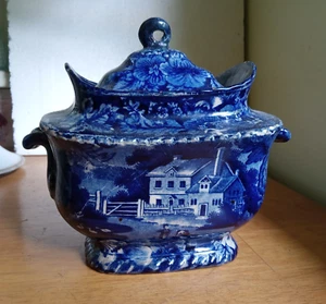 1820s DARK BLUE PEARLWARE COVERED  SUGAR BOWL WITH APPLIED HANDLES FARM HOUSE - Picture 1 of 13