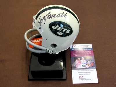 JOE NAMATH 1969 SBC NEW YORK JETS HOF SIGNED AUTO RIDDELL 2-BAR MINI HELMET JSA - Image 1 of 4