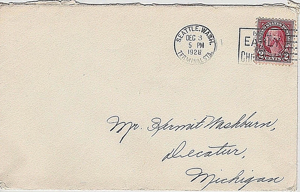 USA 1928  COVER SLOGAN CANCEL "MAIL EARLY FOR CHRISTMAS" FRM TERML STA - SEATTLE - Image 1 of 1
