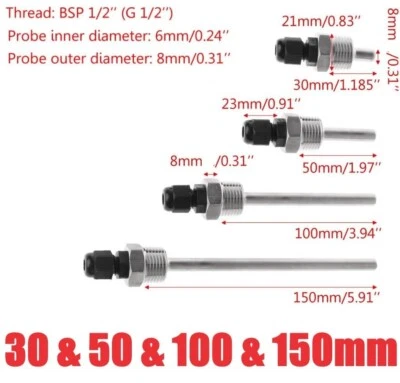 6mm TAUCHHÜLSE Edelstahl 1/2 " 30 bis 300 mm Temperaturfühler Sensor schutzrohr - Bild 1 von 4