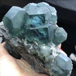 744g Complete transparent blue Phantom Dark green chamfered cube fluorite/China