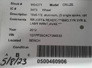 Used Wheel fits: 2012 Chevrolet Cruze 16x6-1/2 aluminum 5 single spoke opt WR6 G - Picture 1 of 24