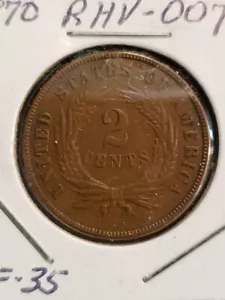1870 2 Cent Coin. Tiny white specks are not on the coin. (RHV-007) - Picture 1 of 2