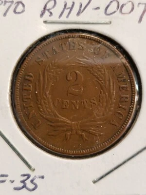1870 2 Cent Coin. Tiny white specks are not on the coin. (RHV-007) - Image 1 of 2